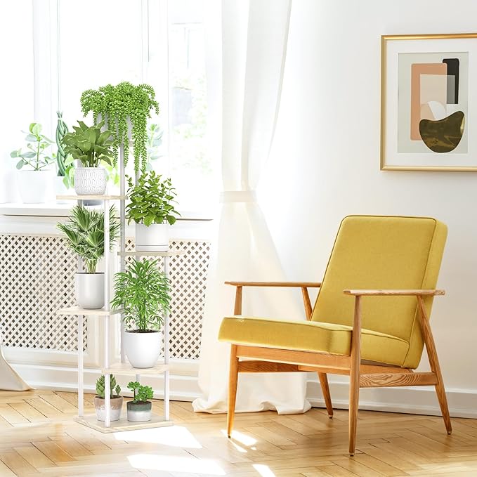 6 Tier Plant Stand Indoor Outdoor , Metal Wood Tiered Corner Plant Stands Pot Holder, Wood Flower Shelf Display Rack for Living Room Bedroom Balcony Garden Patio, White
