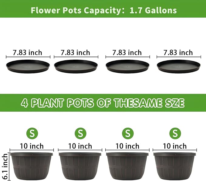 Quarut 10 inch Plastic Flower Pots for Indoor Plants,4 Pack Large Outdoor Planter Pot with Drainage Holes & Saucers,Imitation Wine Barrel Design,for Indoor Outdoor Garden Plants(Brown)