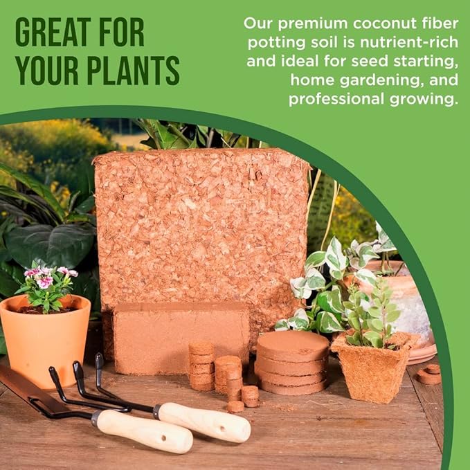 Coco Coir for Plants 3-Pack Envelor 2.4 Gallons Compressed Coconut Coir Bricks 10 lb. Organic Coconut Coir Bulk Low EC pH Balanced Natural Coco Peat for Indoor and Outdoor Gardening Potting Soil