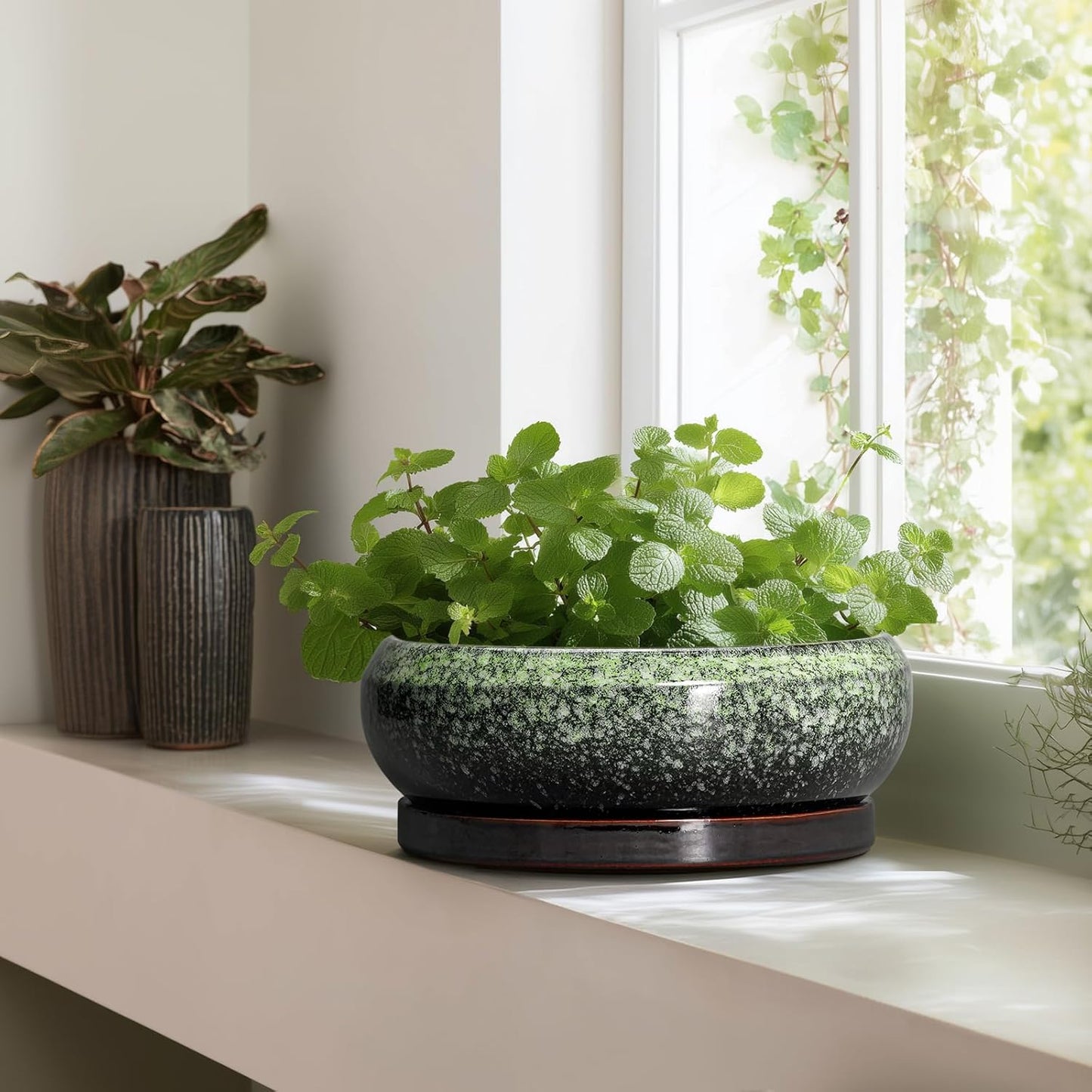 Bonsai Pots - 13 Inch Ceramic Succulent Planters Indoor, Round Shallow Planter with Drainage Hole and Saucer, Large Succulent Pot, Bowl Planter Outdoor, House Decor, Housewarming Gift, Green