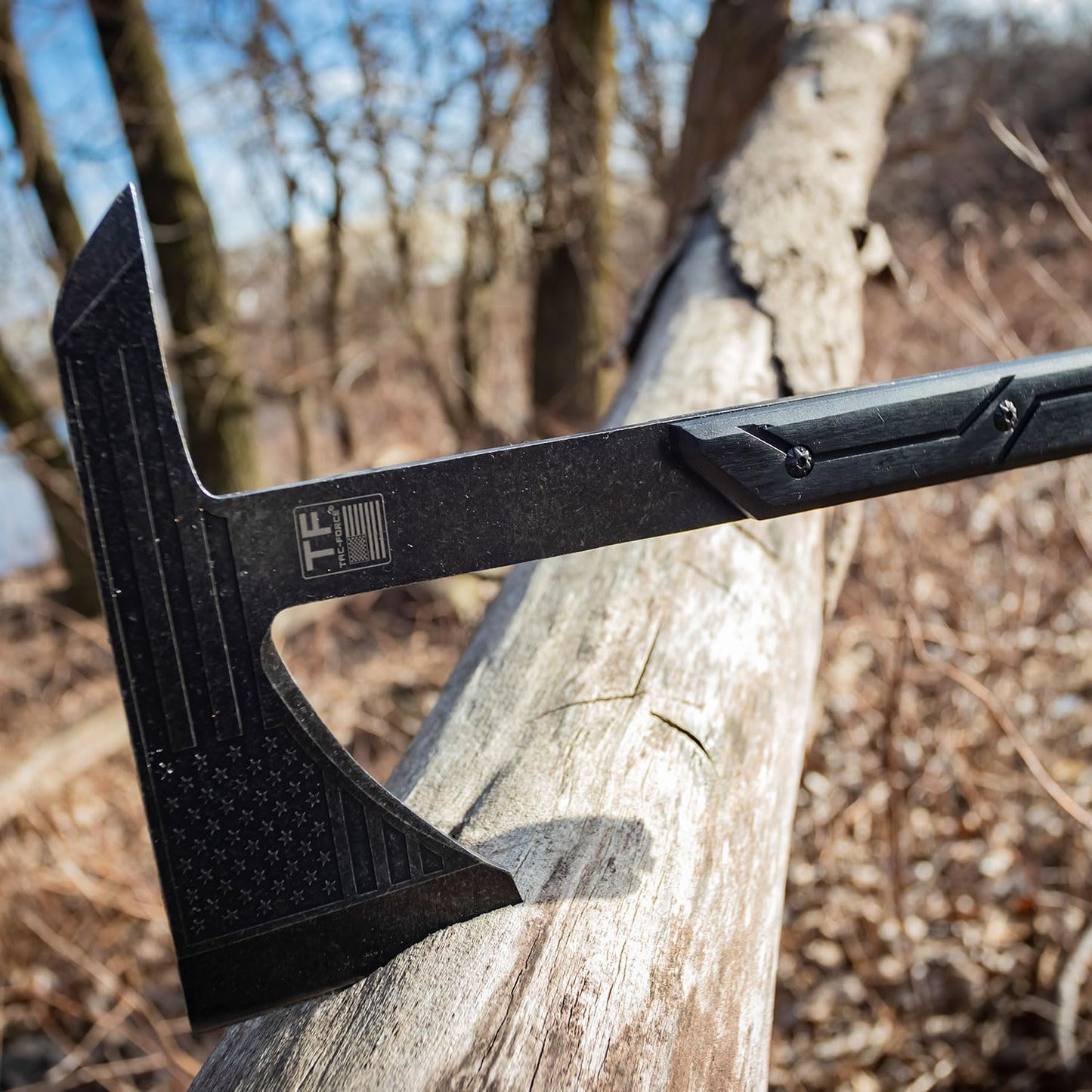 TAC-FORCE Tomahawk – Axe - Stonewash Finish Stainless Steel Blade w/Etched U.S.A. Flag, Black Wood Handle, Full Tang Construction, Includes Nylon Sheath, Tactical, EDC, Rescue - TF-AXE001SW