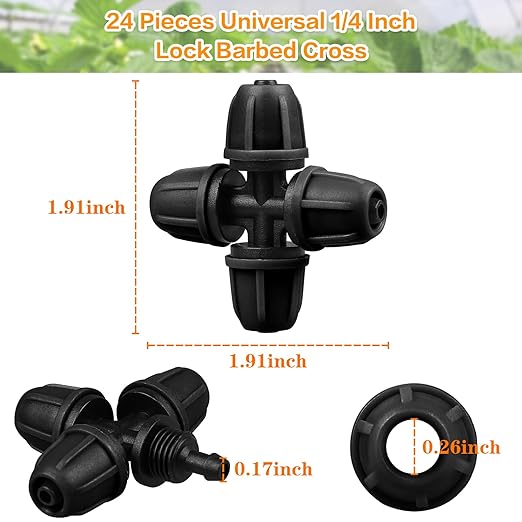 Upgraded 1/4" Drip Irrigation Cross Fittings:24 Pieces Leak Free Lock Barbed 4 Way Tee Connectors for 1/4 Inch Irrigation Tubing Quick Connect Parts for Garden Landscape System
