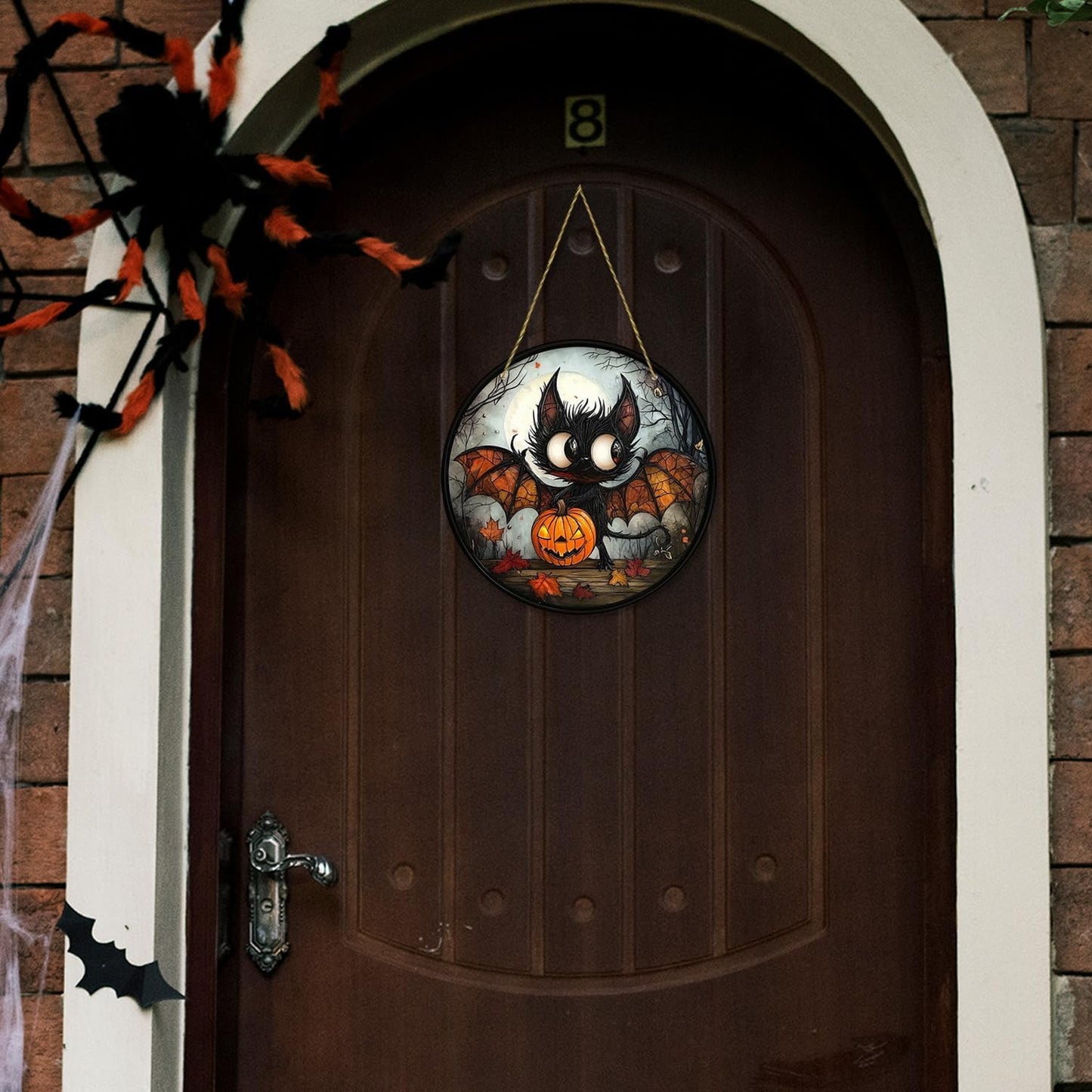 7.87inch Halloween Sun Catchers Stained Glass Window Hanging Evil Bat Pumpkin Acrylic Suncatcher Indoor Wall Art Home Round Ornament Decor for Women Men Family Party Gift