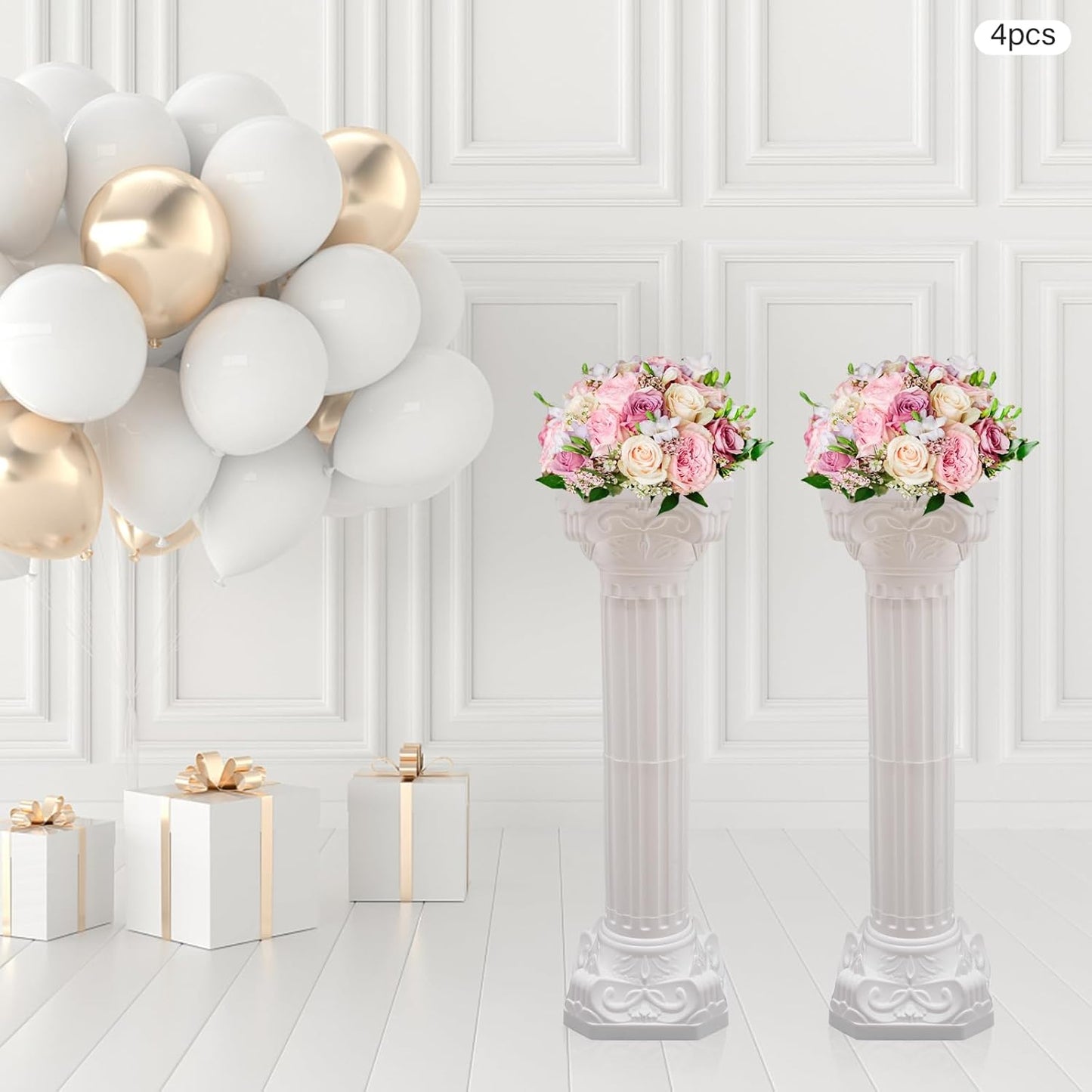 Roman Column Pedestal, Plastic White Columns for Weddings Indoor/Outdoor Roman Pillar Stand for Table Sculptures, Vase, Garden Decor (4PCS, 10.6 x 34.6 Inch Round)