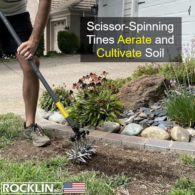 Rocklin Rotary Cultivator Tool - 60β Extra Long Handle - Reinforced Tines - Reseeding Grass or Soil Mixing - All Metal, No Plastic Structural Components - Cultivate Easily