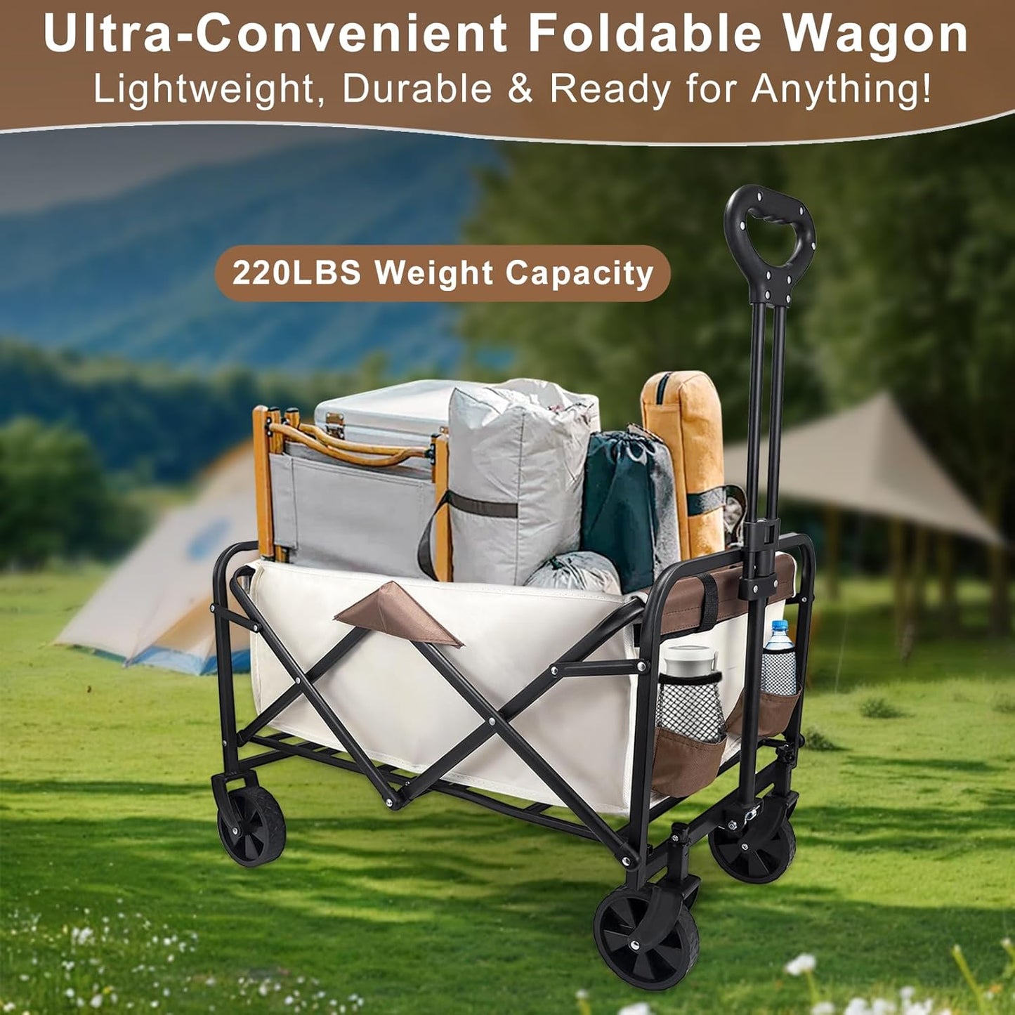 Heavy-Duty Collapsible Wagon Cart with Wheels, Lightweight Foldable Utility Cart with Adjustable Handle for Outdoor Use – Ideal for Grocery Shopping, Camping, Sports, Fishing, and More (Khaki)