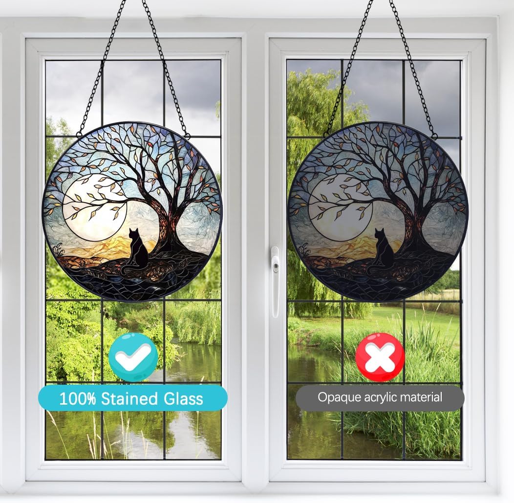 Halloween Decorations Black Cat Suncatcher Stained Glass Window Hanging - 8” Tree and Moon Stained Glass Suncatchers for Windows Decor Glass Panels - Sun Catchers Memorial Gift for Lover Cat Loss