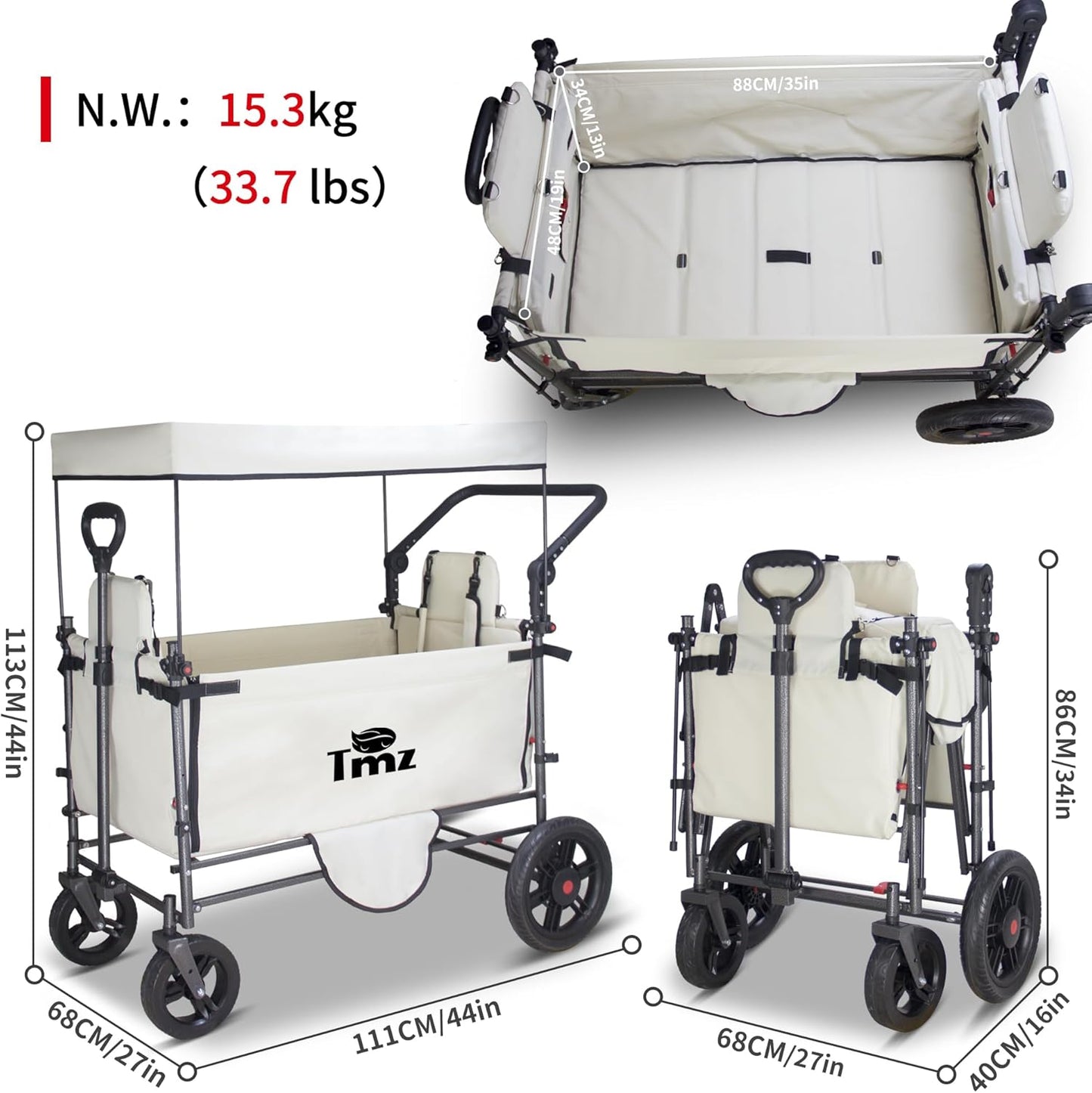 TMZ Collapsible Wagon Cart with Side-Opening Seat Conversion Design, Foldable Utility Wagon with 2 Seats, Heavy Duty Wagon 265 lbs Load Capacity (Beige)