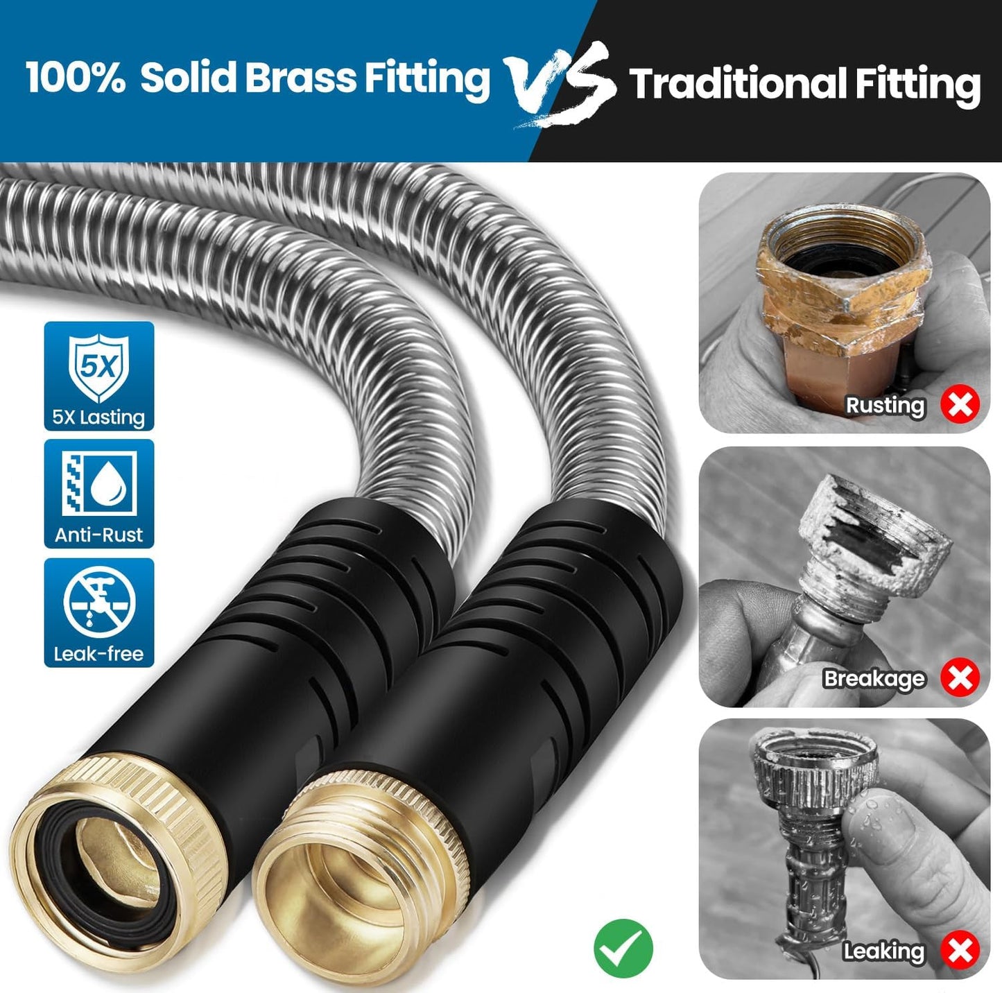 Garden Hose 95FT, Water Hose with 10 Function Nozzle, Garden Hose Metal with Leak-proof Connectors, Kink-Free & Ultra Flexible, Rust/Pet/Puncture Proof for Lawn, Yard, RV, Car Wash, 550PSI