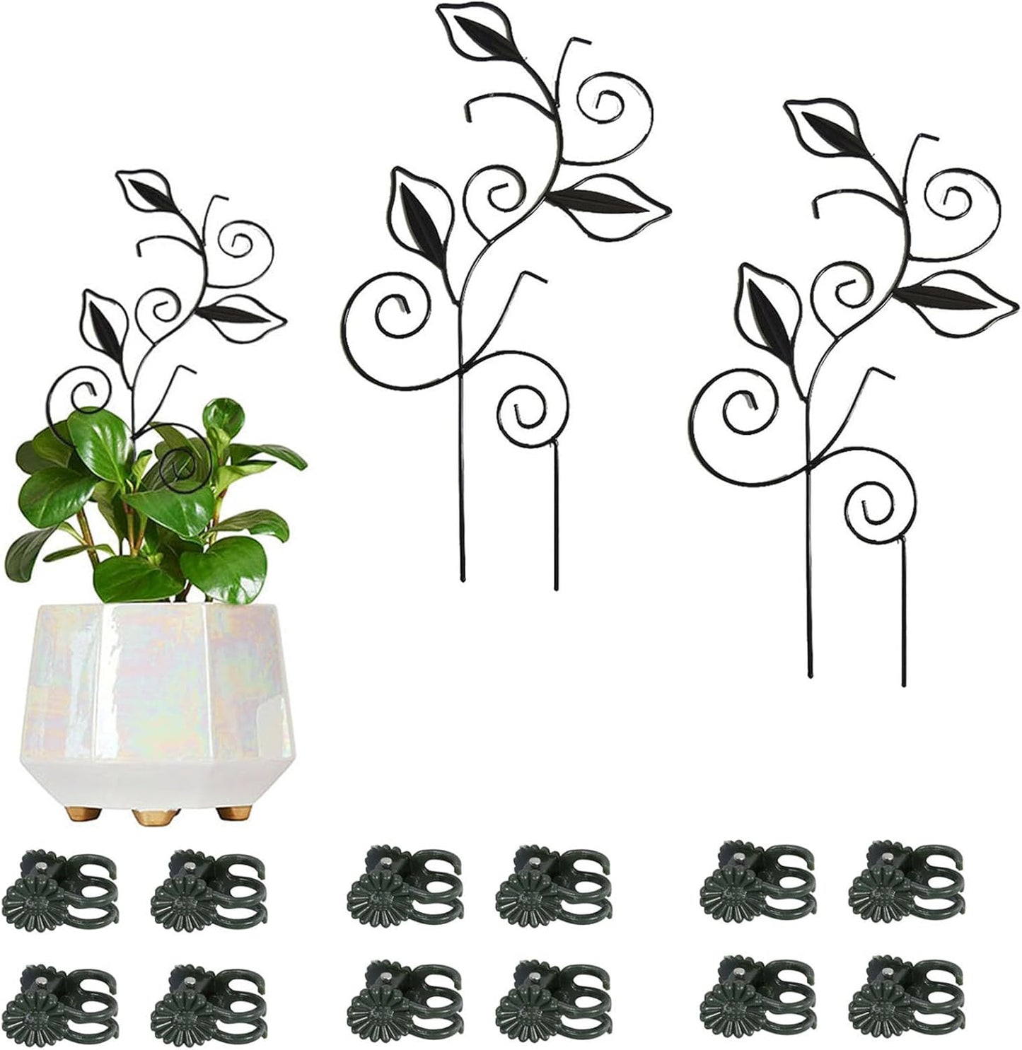 Decorative Metal Plant Trellis for Indoor Potted Plants – Leaf Shape Vine Support Stakes with 6 Plant Clips, Black/Green/Gold Garden Trellises for Climbing Plants, Vines (Black 2pcs)