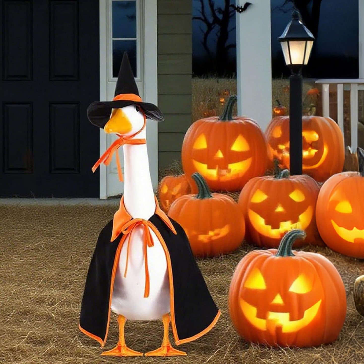 Halloween Porch Goose Outfit Set for 23'' Plastic Statue Lawn Porch Goose Clothes with Cloak Hat Costume for Indoor Outdoor Patio Yard Lawn Art Decor(Orange)