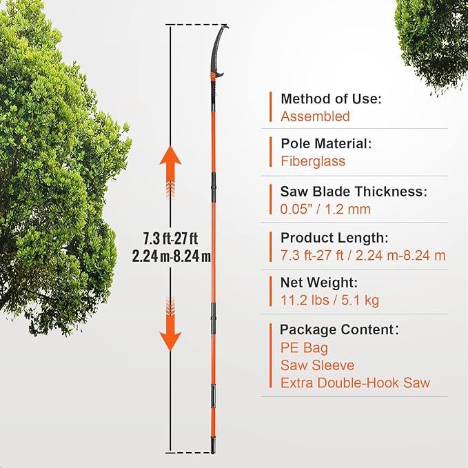 VEVOR Manual Pole Saw, 7.3-27 ft Extendable Tree Pruner, Sharp Steel Blade High Branches Trimming, Manual Branch Trimmer with Lightweight 8 Fiberglass Handles, for Pruning Palms and Shrubs