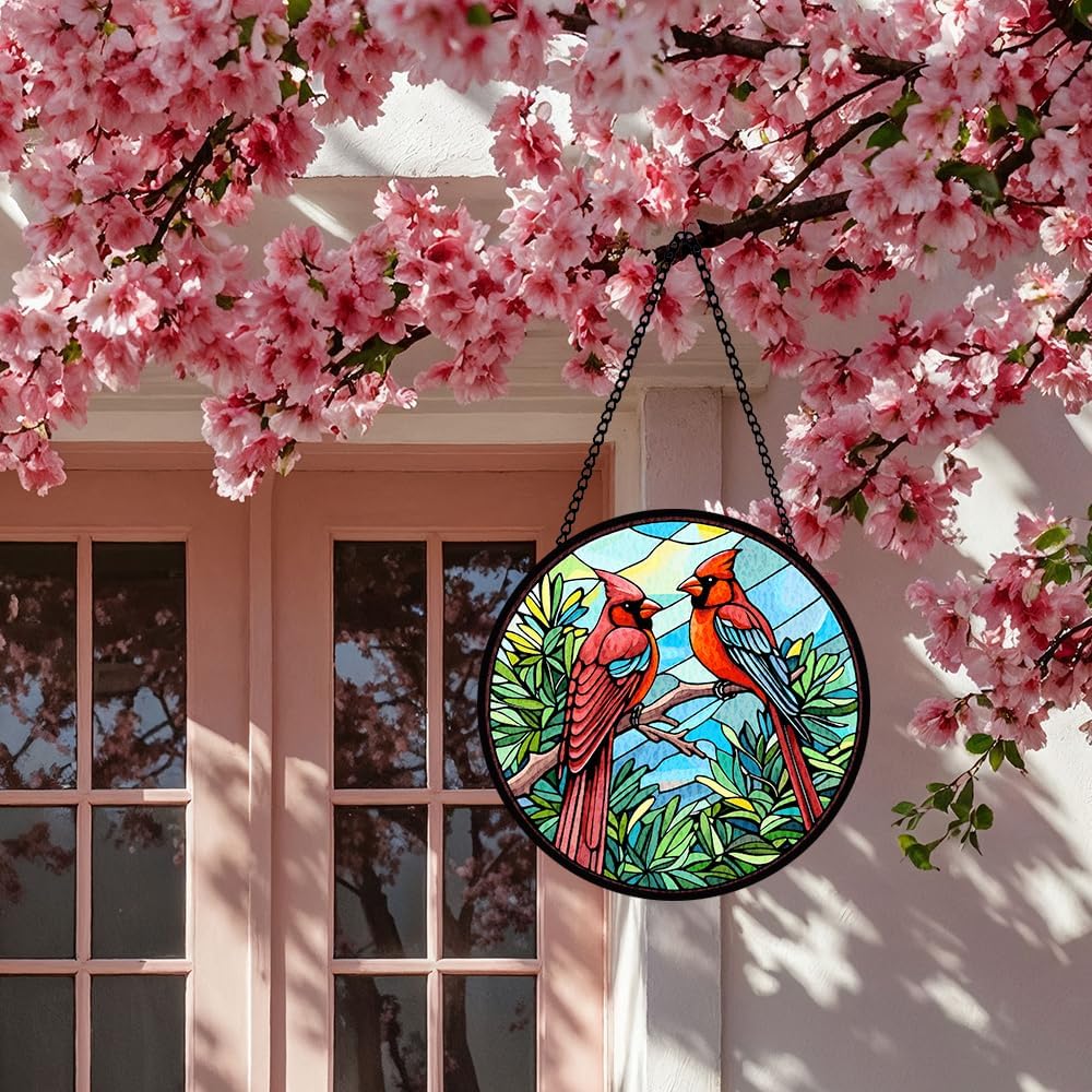 Red Bird Stained Glass Window Hanging, Red Sun Catcher for Window, Botanical Hanging Ornament to Express Sympathy, Bird Bloom Ornament for Wall, Home Decoration, Sympathy Ornament Gifts for Women Men