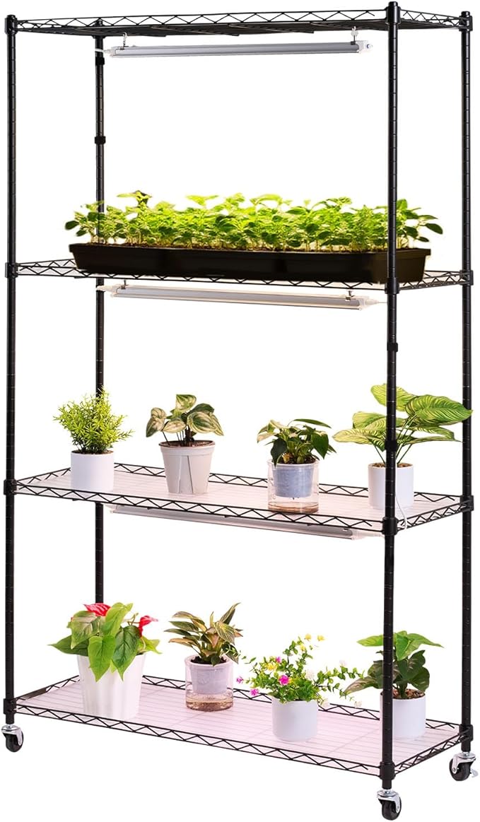 VEVOR Plant Shelf with Grow Light, 4-Tier Indoor Plant Stand, 59in Tall Plants Display Rack with Wheels, 90W 3-Color Full Spectrum Grow Lights, Heavy Duty Metal Flower Pot Holder for Seed Starting