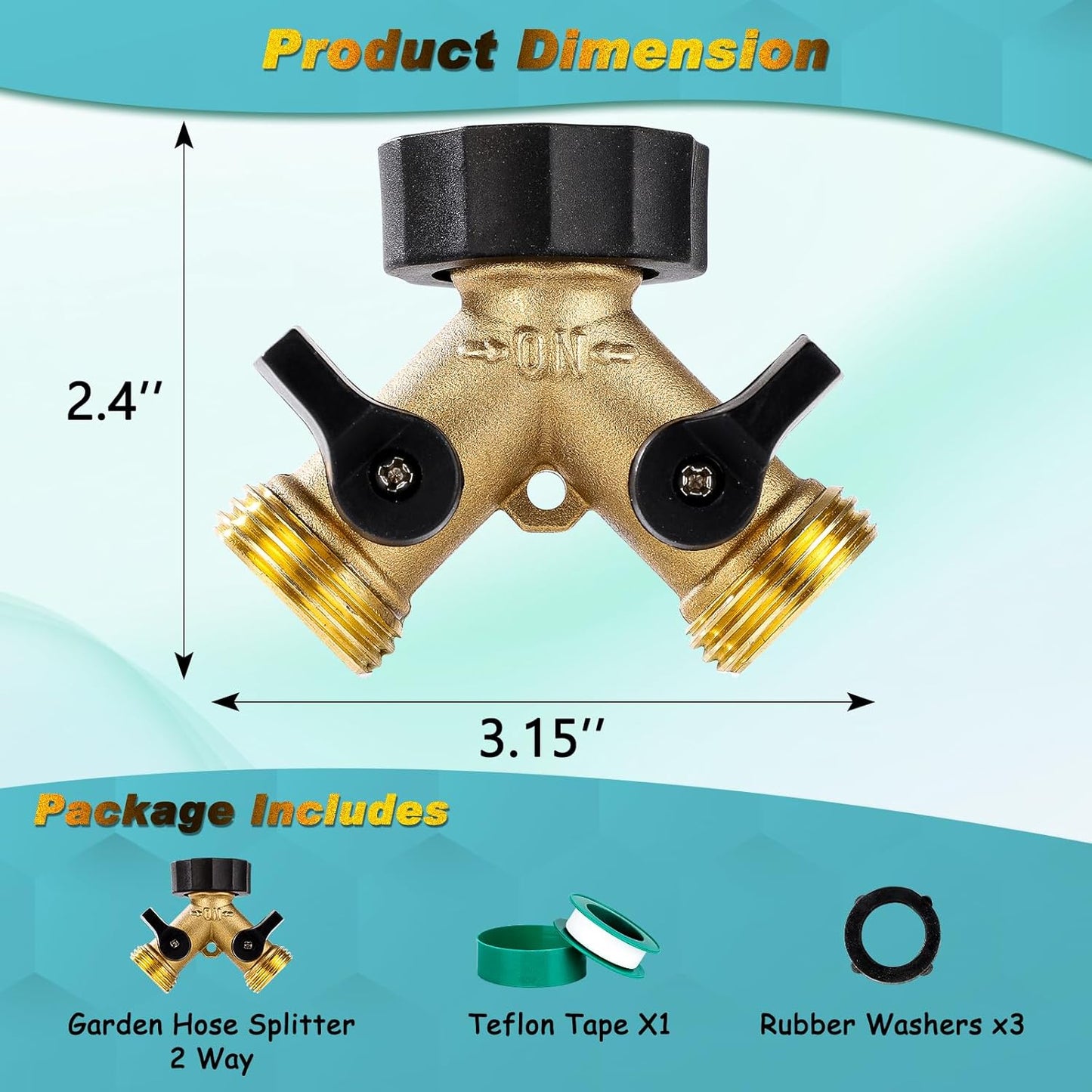 Dalmbox Garden Hose Splitter 2 Way, Y Connector Brass Garden Hose Adapter, Water Hose Splitter, Double Shut Off Valve, Includes 3 Rubber Washers & Teflon Tape(1 pack)