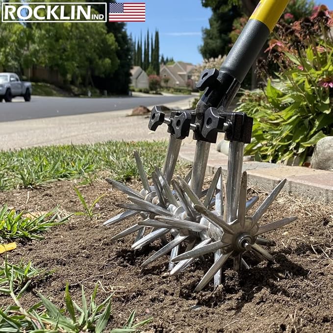 Rocklin Rotary Cultivator Tool - 60β Extra Long Handle - Reinforced Tines - Reseeding Grass or Soil Mixing - All Metal, No Plastic Structural Components - Cultivate Easily