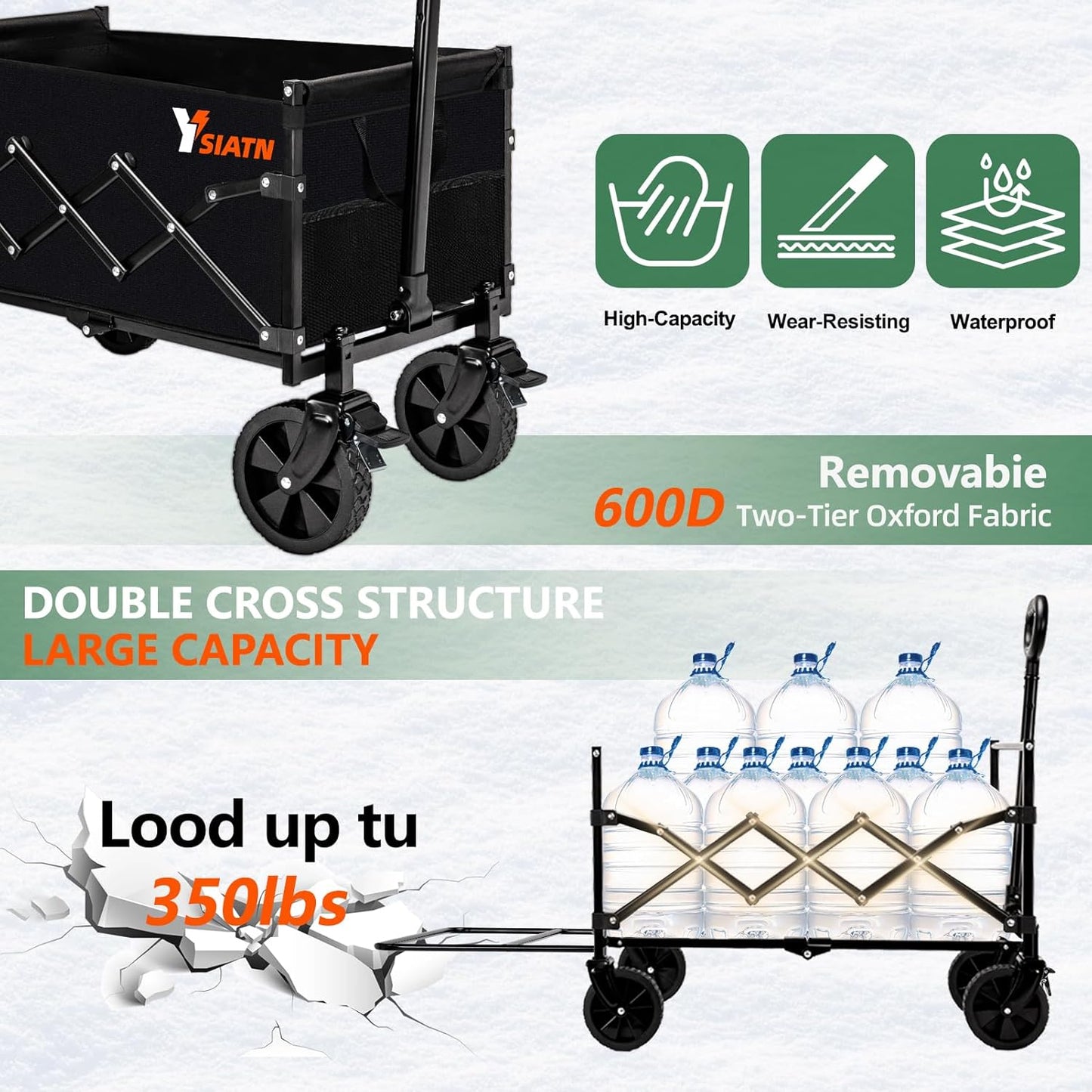Collapsible Folding Wagon Cart with Tailgate - 300lbs Heavy Duty Foldable Utility Wagon and Brake Wheels - 100L Lightweight Grocery Wagons for Shopping Camping Sports Garden, Black