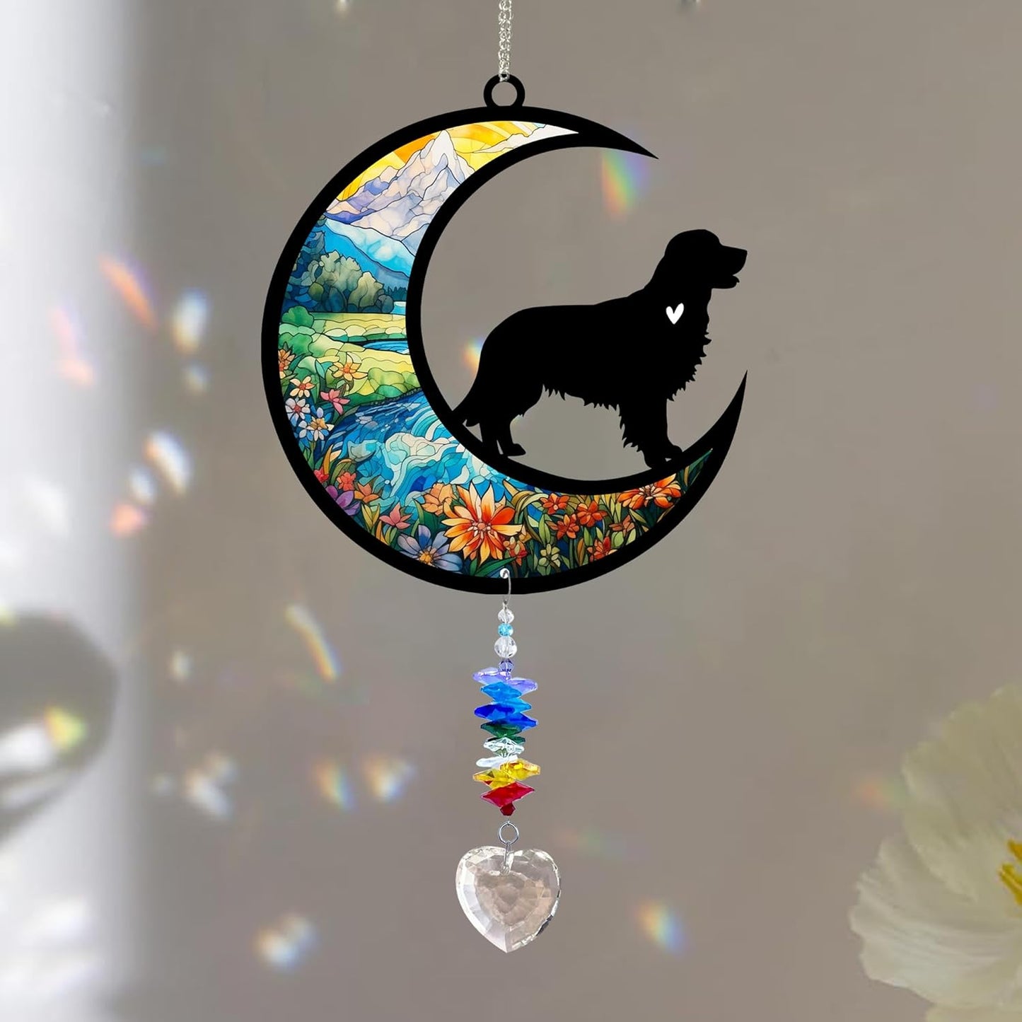 Golden Retriever Suncatcher, Personalized Pet Loss Gift with Name & Date, Heart-Shaped Crystal Sun Catcher, Dog Remembrance Sympathy Rainbow Maker for Window & Garden