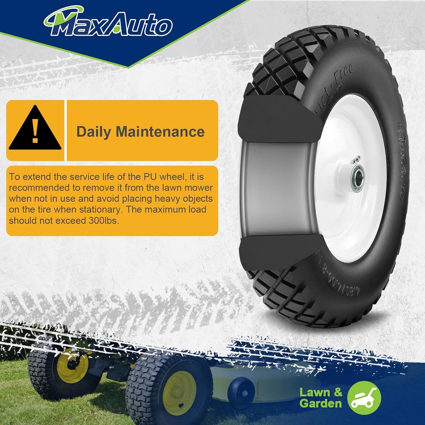 MaxAuto Wheelbarrow Tire 4.80 4.00-8 Flat-Free 4.80/4.00-8 Tire and Wheel w/Grease Fitting, 3" Centered Hub, 3/4" Bearings, 4.80 4.00-8 Tires for Hand Truck, Trolley, Garden Cart, Wagons