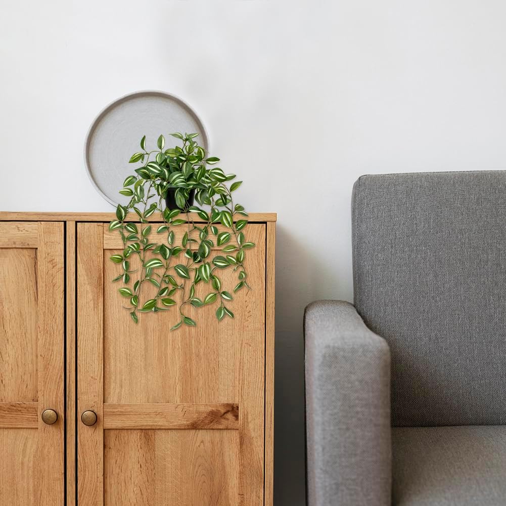 2 Pack Fake Hanging Plants for Shelf in Back Pot, Small Artificial Hanging Ivy Vine Plants Indoor Fake Potted Greenery Plant Decor Room Bathroom Wall End Table Mimi Faux Wandering Jew Plant Set