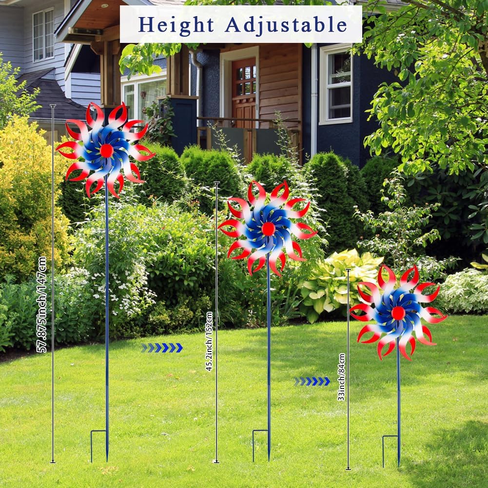 Wind Spinners Outdoor, 15 Inch Dia Metal Wind Sculpture & Spinner, Red White Blue Patriotic Kinetic Windmill for Garden Yard, 4th of July Independence Day Decor, 58" Tall