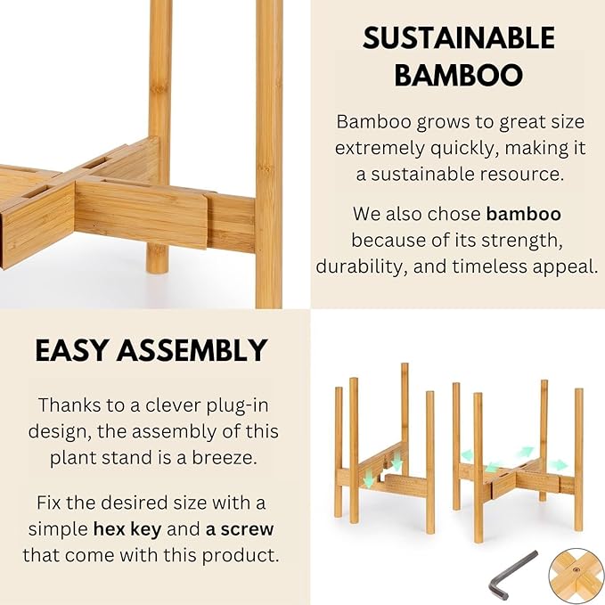Fox & Fern Adjustable Tall Plant Stand Indoor — 8 to 12 Inch Mid Century Bamboo Plant Stand with Adjustable Width; Plug In Design; Easy to Assemble; Two Height Options - For 8, 9, 10, 11 & 12 In Pots