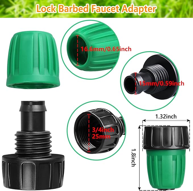 Drip Irrigation Fittings for 1/2 Inch Tubing, 24 Pcs Set 1/2" Drip Line Barbed Locked Nut Connectors - 5 Couplings, 4 Tees, 4 Reducing Tee, 4 End Cap, 3 Elbow, 2 Switch Valves, 2P 3/4" Faucet Adapters