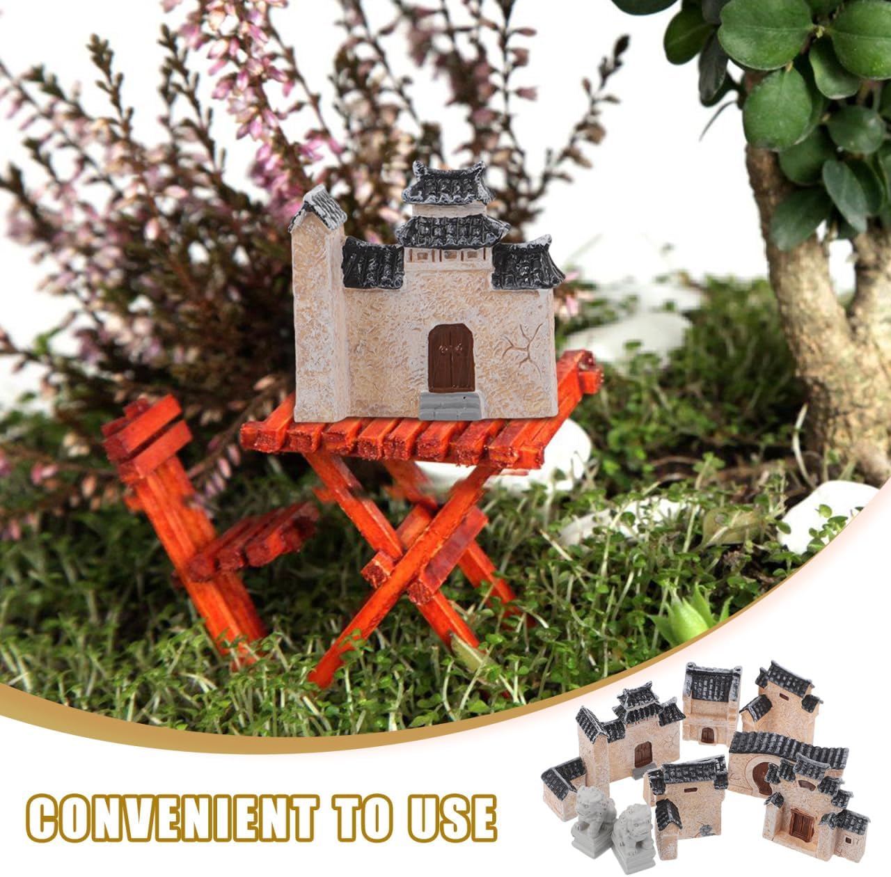 DECHOUS 10Pcs Miniature Village House: Resin Miniature Fairy Garden Houses with Chinese Stone Lion Statue - Micro Landscape Cottage Ornaments Kit for DIY Garden Bonsai Terrarium