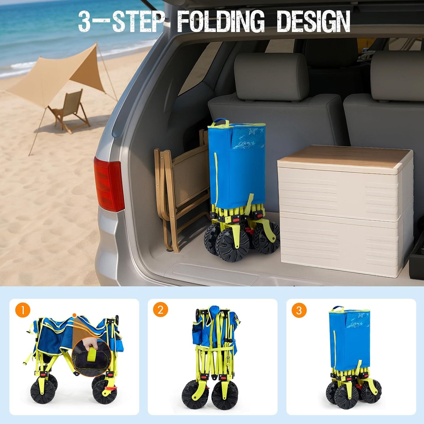 Old Bahama Bay 550lbs Extra Long 49" L Beach Wagon with Big Wheels with Brake for Sand, Collapsible Utility Beach Cart Heavy Duty Folding Wagon,Ideal for Outdoor Sand Camping Garden Pet