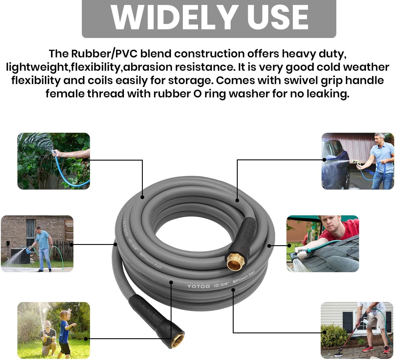 YOTOO Heavy Duty Hybrid Garden Water Hose 5/8-Inch by 25-Feet 150 PSI Kink Resistant, Flexible with Swivel Grip Handle and 3/4" GHT Solid Brass Fittings, Gray