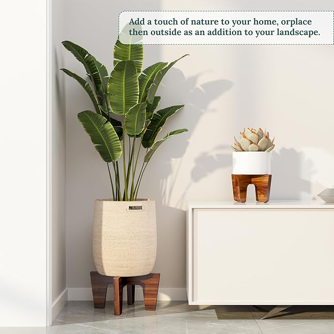 Plant Stands Indoor , Acacia Wood Boho Mid-Century Plant Holder, Modern Minimalist Wooden Pedestal Stand, Fits Up To 12” & 6.5” Pots (2-Pack M&S Size, Pots Not Included)