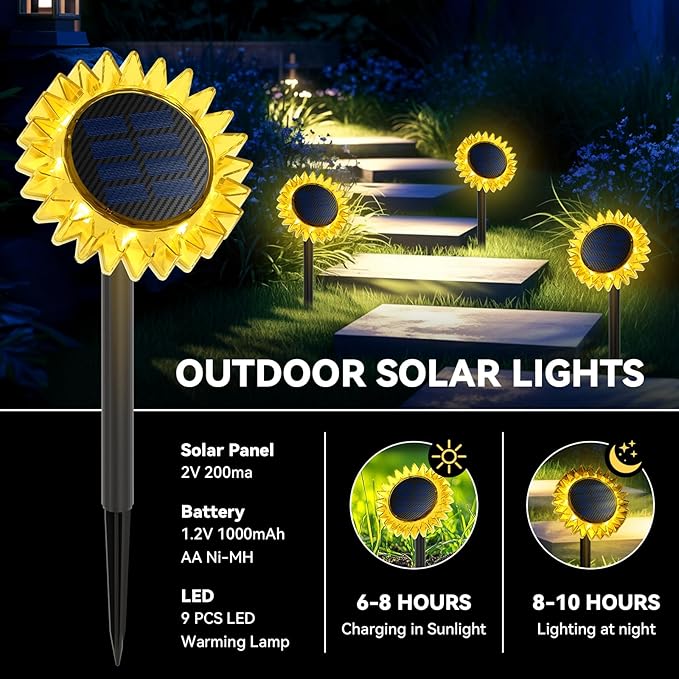 Solar Sunflower Decorative Outdoor Lights, 2 Pack Ground & Wall 2-in-1 Waterproof Decor Light for Backyard, Garden, Pathway, Driveway (Yellow)