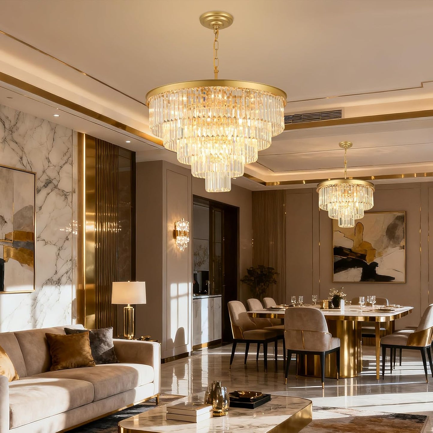 Crystal Chandeliers for Dining Room Lights Fixture Over Table, 20 Lights Gold Modern Chandeliers for Living Room, 5-Tier Round Crystal Lighting Fixtures for Bedroom Entryway Kitchen Island D30 Inch