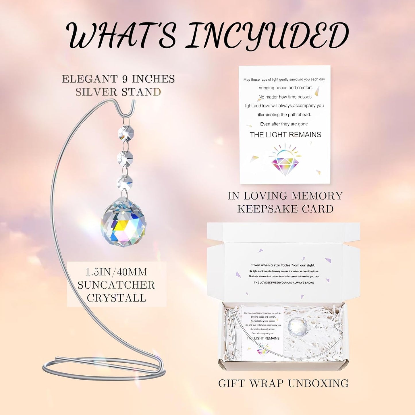 Sympathy Gifts for Loss of Loved One,Memorial Gifts for Loss of Mom Dad,40mm Crystal Suncatcher Idea is Suitable for Bereavement, In Memory, Condolences,Remembrance,with 9 Inch Silver Stand