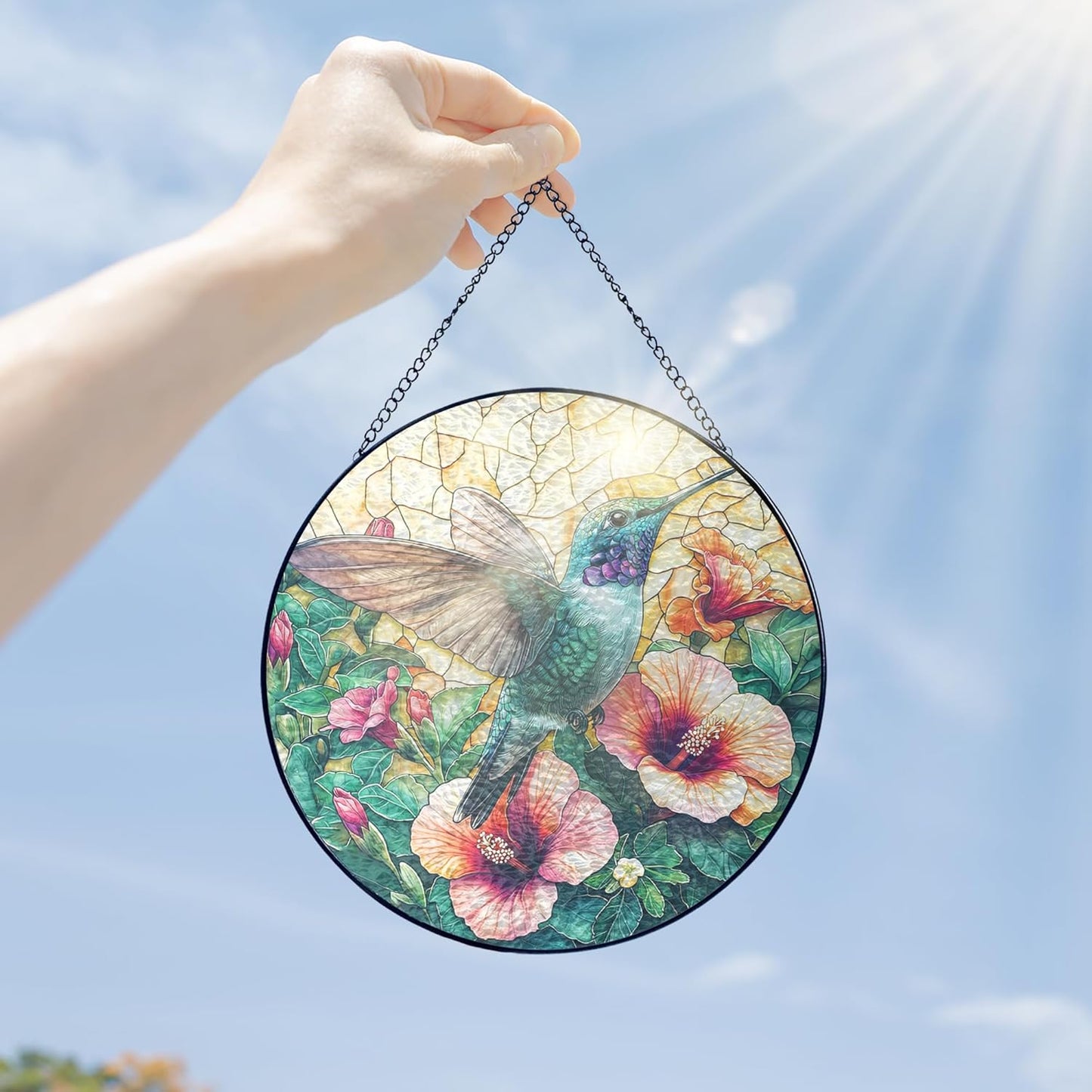 FLAGWIX Christmas Hummingbird Gifts for Women Men - Stained Glass Window Hanging 8 in - Sun Catchers Indoor Window for Home Decor, Hibiscus Hummingbird Suncatcher, Christmas Decorations