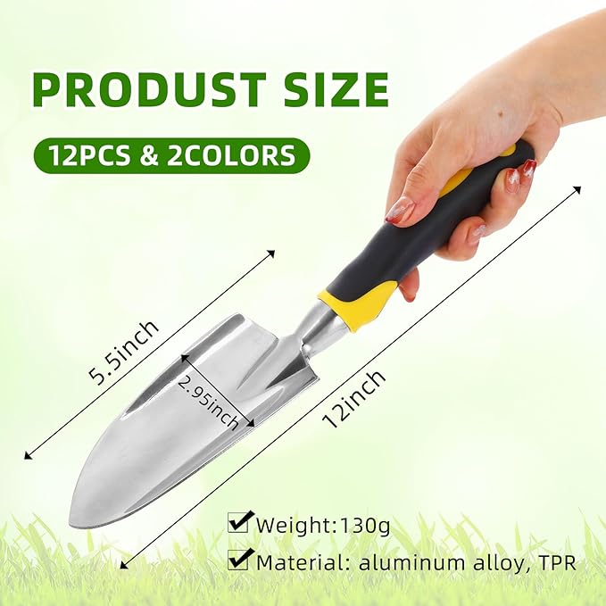 Garden Shovel Aluminum Alloy Heavy Duty Trowel Garden Tool Small Shovels for Digging Metal Hand Trowel Spade with Soft TPR Handle for Lawn Yard Farm Home Shop Planting(12 Pcs)