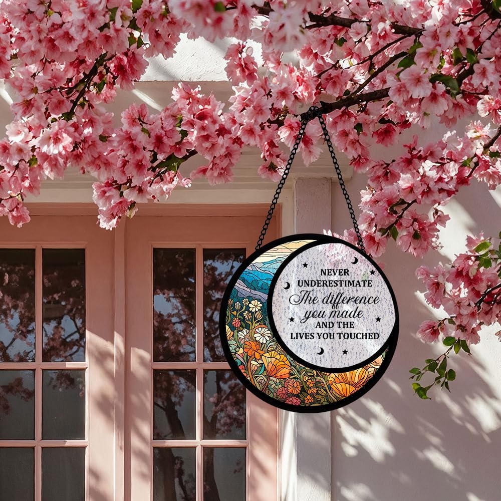 Flower Stained Glass Panel with Moon and Star, Floral Hanging Sun Catcher for Wall, Inspirational Quote Window Ornaments, Uplifting Quote Decor, Gifts for Boys Girls Christmas Housewarming, Birthday