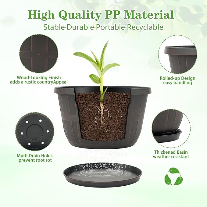 Quarut 14 Inch Plastic-Flower-Pot-for-Indoor-Plants, 4 Pack Large Outdoor Planter Pot with Drainage Holes & Saucers, Resin Decorative Garden Pots Planters(Brown)