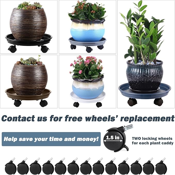 8 Packs Plastic Plant Caddy with Wheels 12" Plastic Rolling Plant Stands Heavy-Duty Plant Dolly with Casters Indoor and Outdoor Plant Roller Base Wheels, Blue