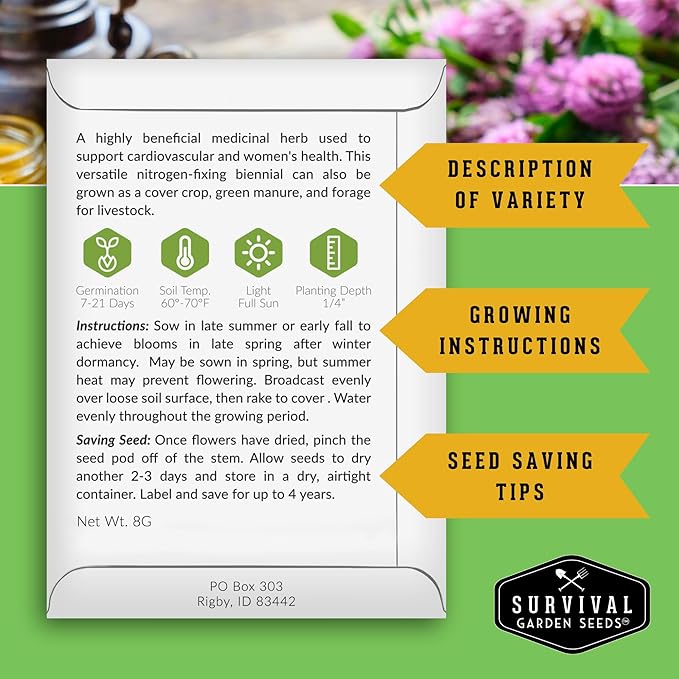 Survival Garden Seeds - Red Clover Seed for Planting - 5 Packets with Instructions to Plant & Grow a Medicinal Herb & Nitrogen Fixing Ground Cover in Your Home Garden - Non-GMO Heirloom Variety
