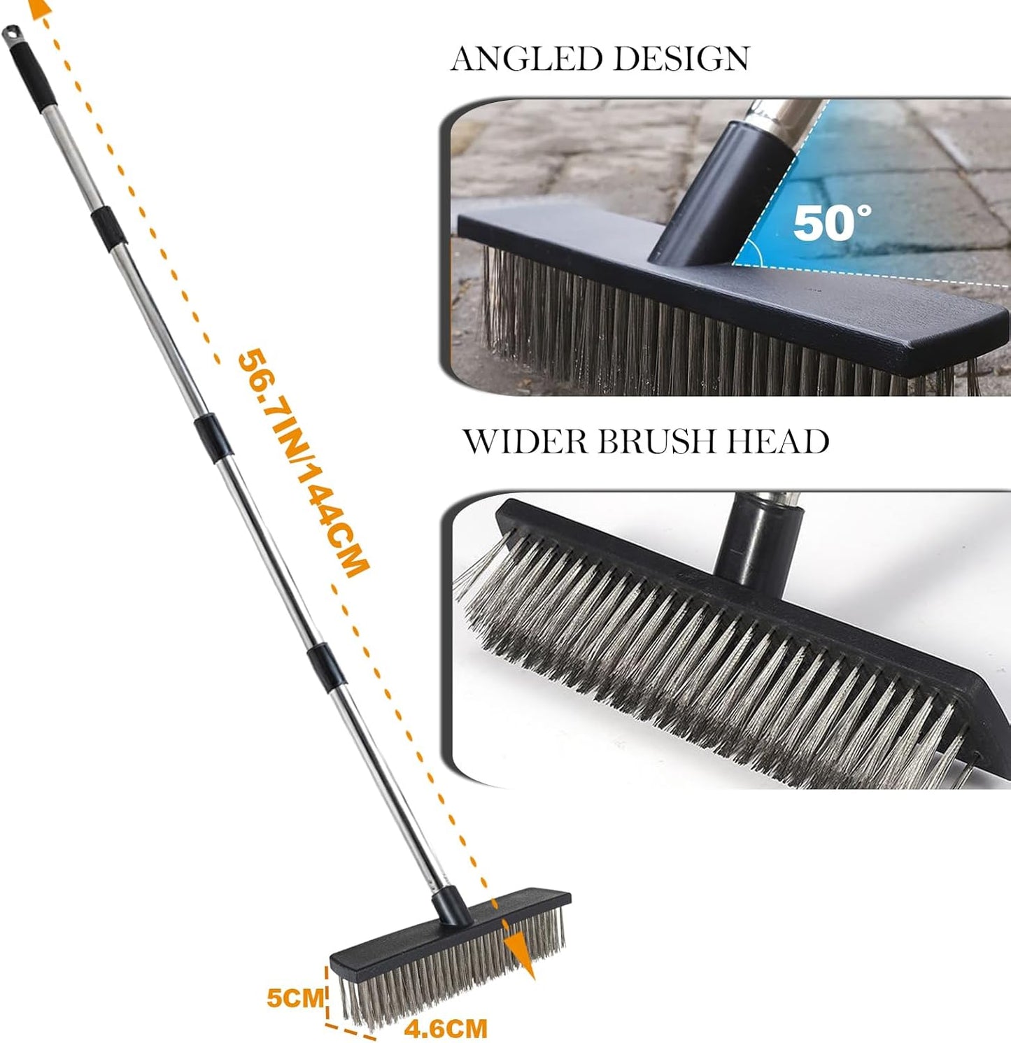 Deck Brush Steel Wire Broom with Long Handle Stiff Scrub Brushes for Cleaning Boat Patio Concrete Moss Remover