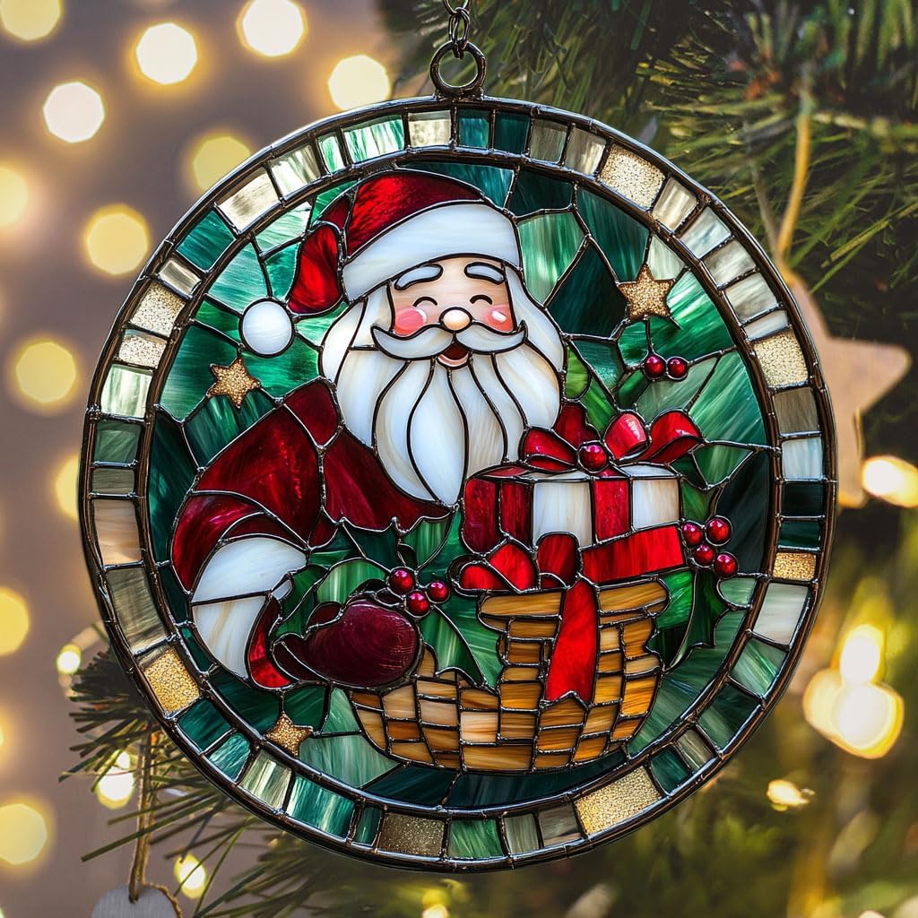 Santa Claus and Presents Acrylic Suncatcher Stained Glass Effect Window Car Hanging Christmas Ornament Indoor Outdoor Decor Garden Sun Catcher Panel for Christmas Lover for Women Mom Grandma