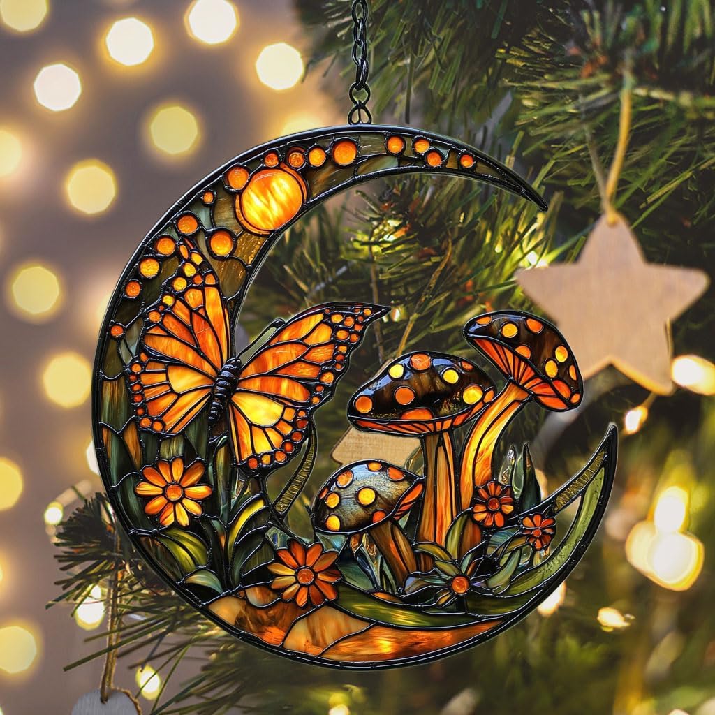 Cresent Forest Butterfly Acrylic Suncatcher Stained Glass Effect Window Car Hanging Christmas Ornament Indoor Outdoor Decor Garden Sun Catcher Panel for Boho Lover for Women Mom Grandma