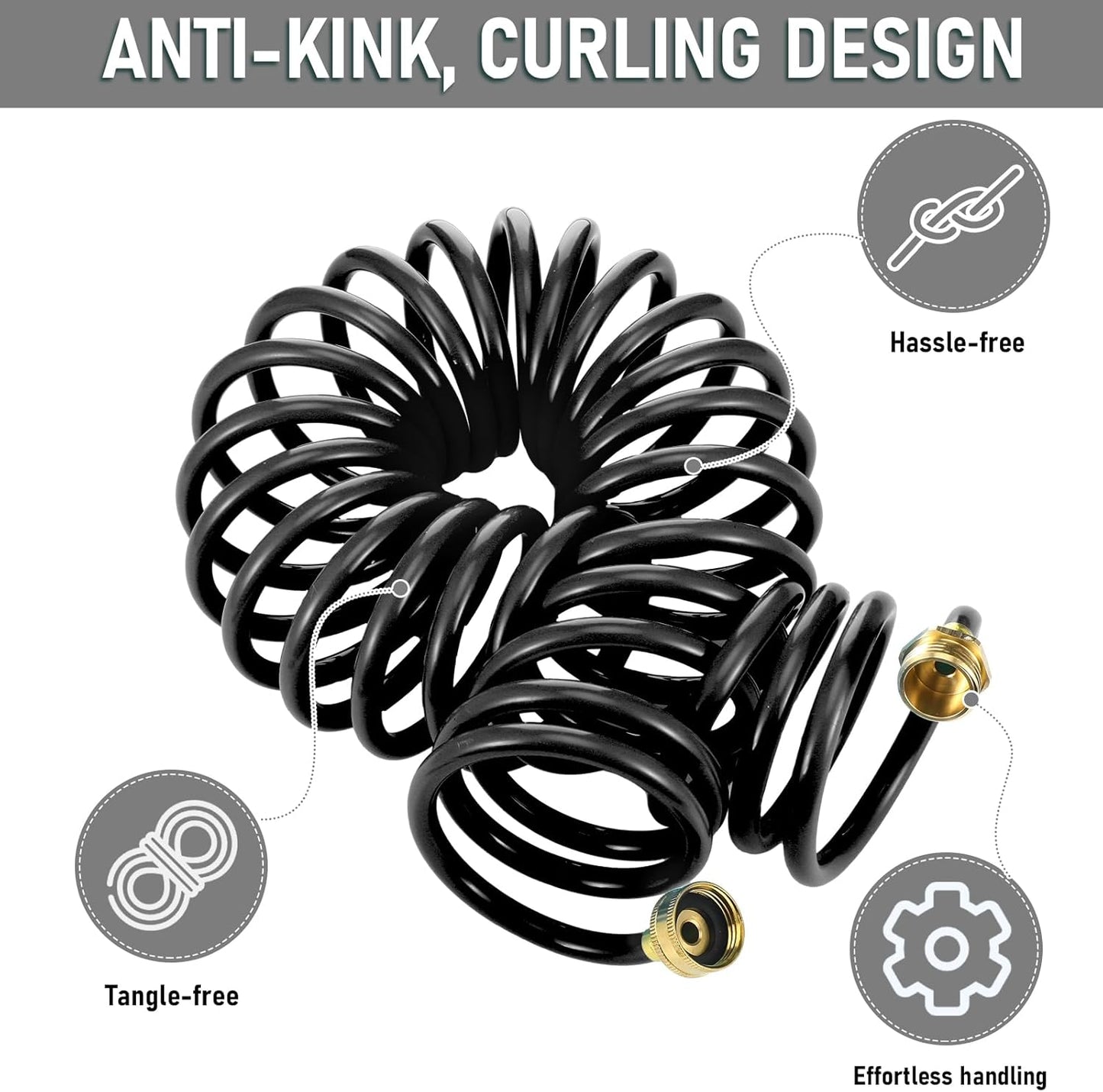 Pangda 25 Ft x 3/8'' Coil Garden Hose EVA Recoil Garden Self Coiling Expanding Water Hose with 6 Function Spray Nozzle Universal 3/4'' Brass Connector Fitting for Outdoor Yard(Black)