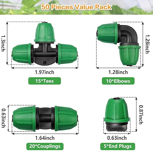 Upgraded 1/4" Drip Irrigation Fittings:50 Pieces Set-20 Couplings 15 Tees 10 Elbows 5 End Plugs, Leak Free Barbed Locked Nut Connectors for 1/4 Inch Irrigation Tubing
