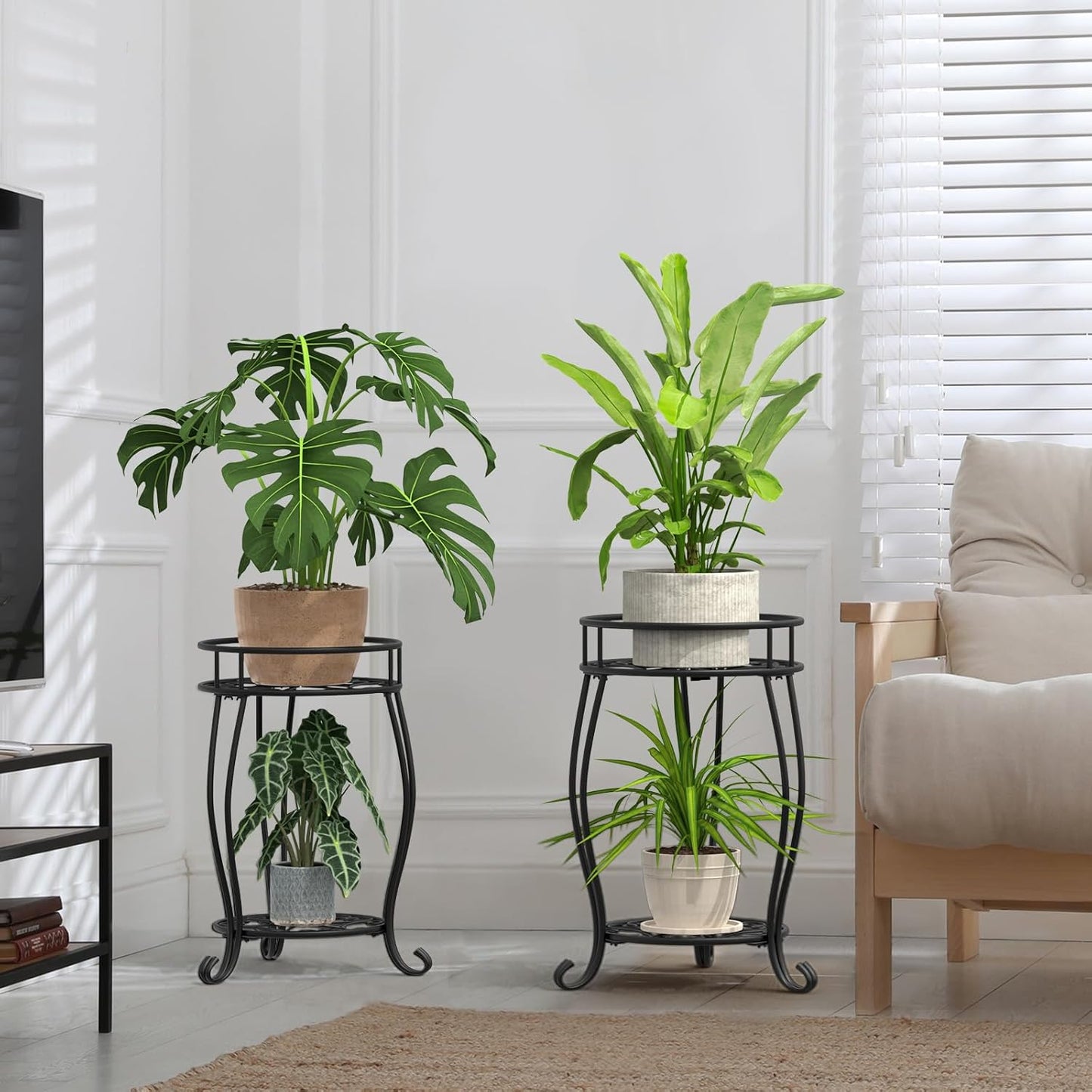 2 Tier Metal Plant Stand Indoor Outdoor , Rustproof Stable Plant Stands Multiple Plant Rack Holder Flower Pot Stand for Living Room Balcony Garden Patio Bedroom (Black, 19.5)