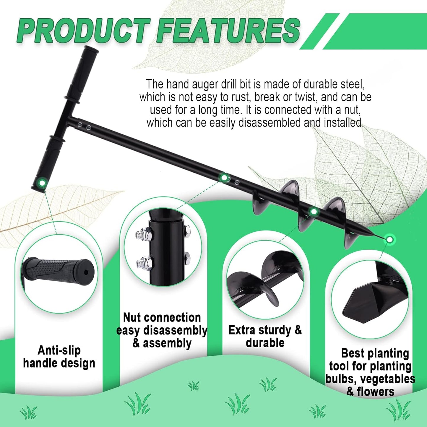 2 in 1 Hand Drill Auger Post Hole Digger – 44.5 inch Manual Garden Spiral Drill Planter for Bulb, Flower, Seedlings, Bedding Plants, Fence Post Auger for Trees, Mailbox, Deep Cultivating.