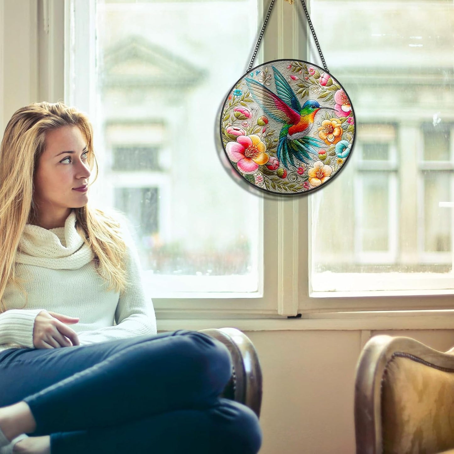 Hummingbird Suncatcher Stained Glass Window Hanging Original Design of 7.8''Hummingbirds Flowers for Sun Catchers Indoor Window Wall Art Home Decor Gift Painted Glass Panel
