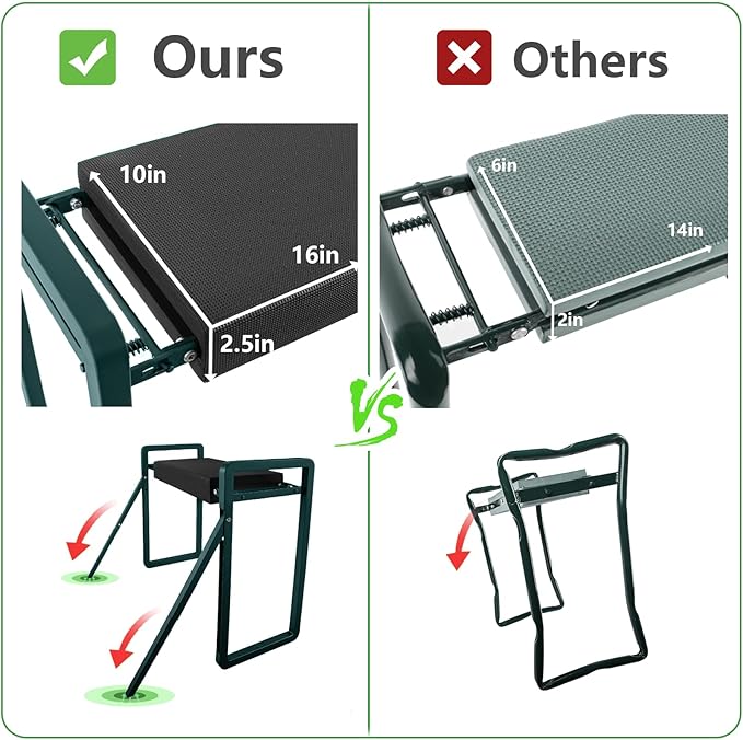 Garden Kneeler and Seat Heavy Duty,Foldable Gardening Stool with Anti-Tipping,10" Thicken & Widen Soft Kneeling Pad,Great Gardening Gifts for Women and Men, Bench Comes with Tool Pouch,Green