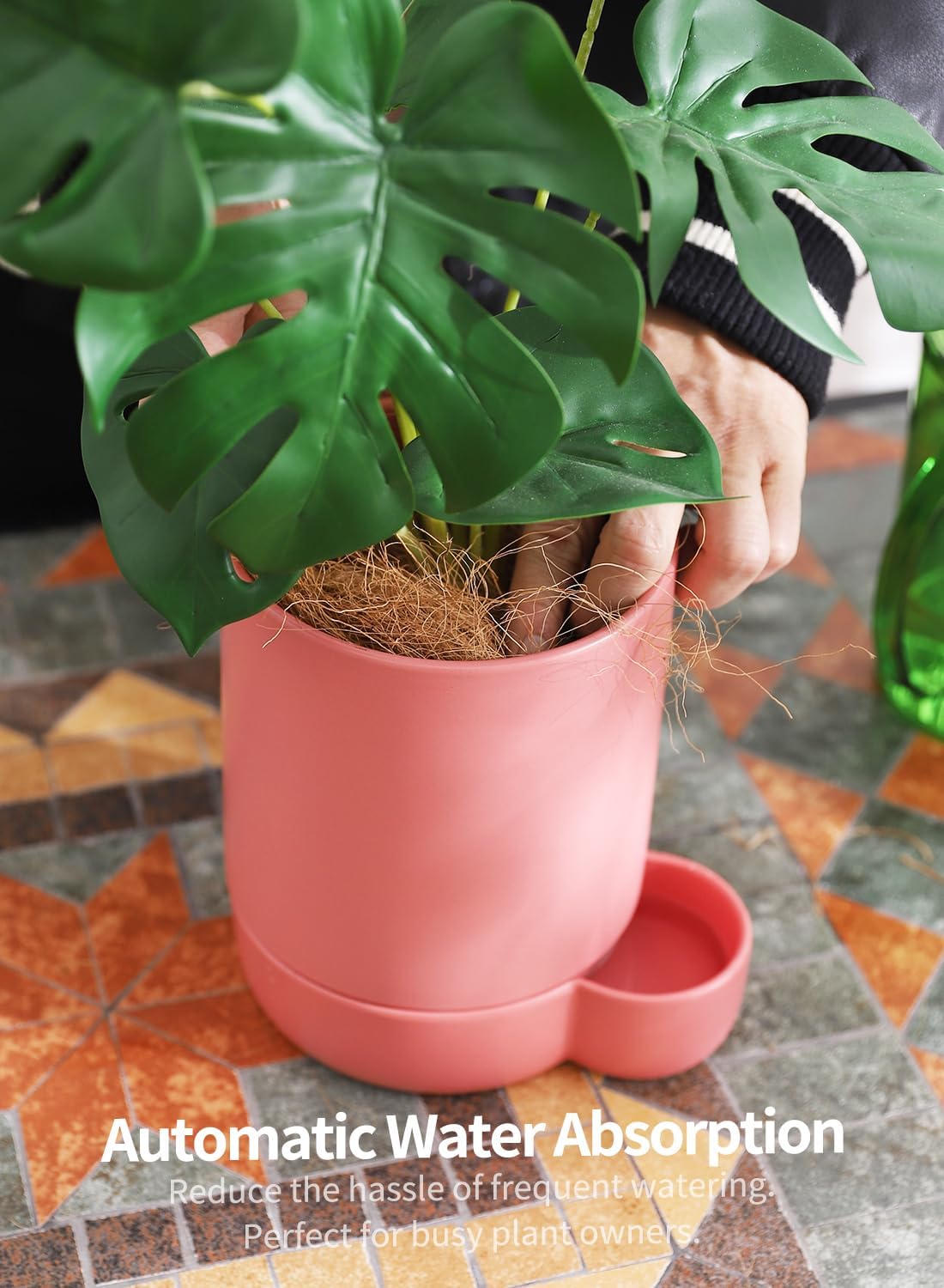 5.5 Inch Ceramic Self Watering Planters with Absorbent Cotton Rope, Cylinder Round Flower Pot for Succulent, Herbs, African Violets, Pink, 1 Pack